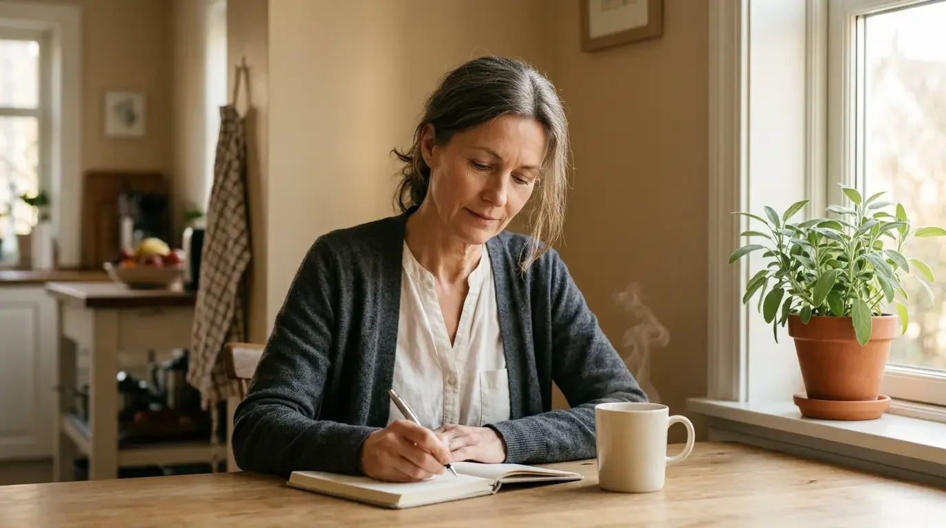 Woman logging daily pain and weather patterns in a symptom trigger journal