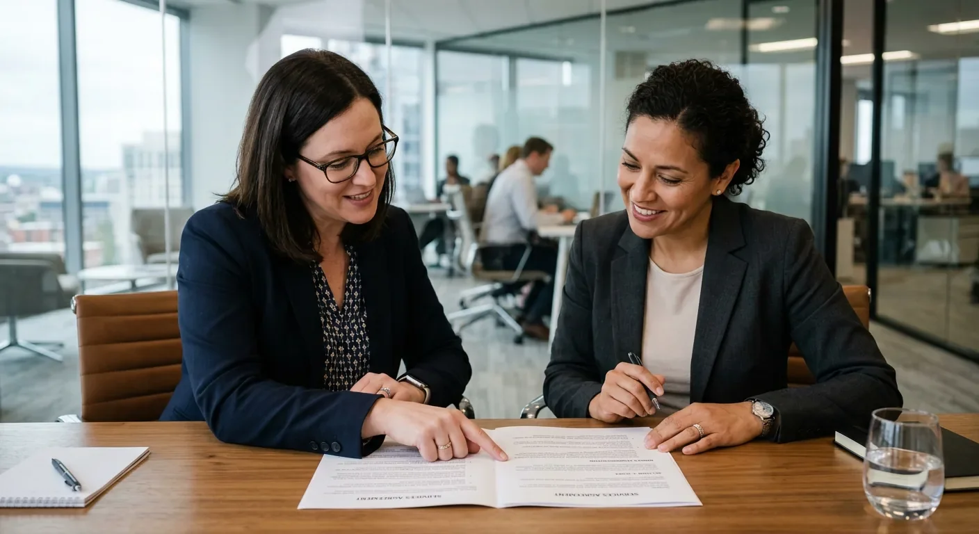Benefits director and practice administrator reviewing a concierge medicine group contract