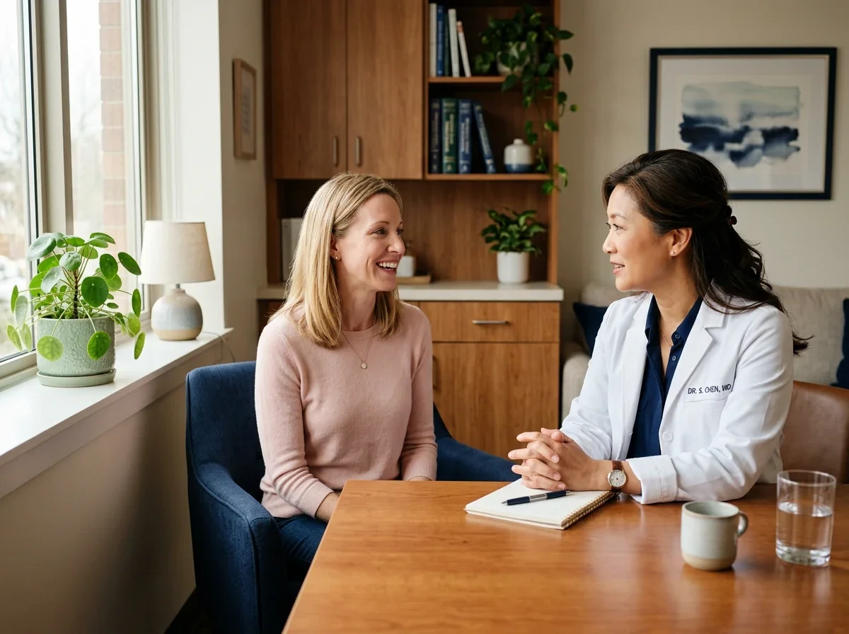 Female physician in an unhurried consultation with a midlife patient, representing the time and attention Concierge Medicine of Cincinnati gives women that standard primary care doesn't