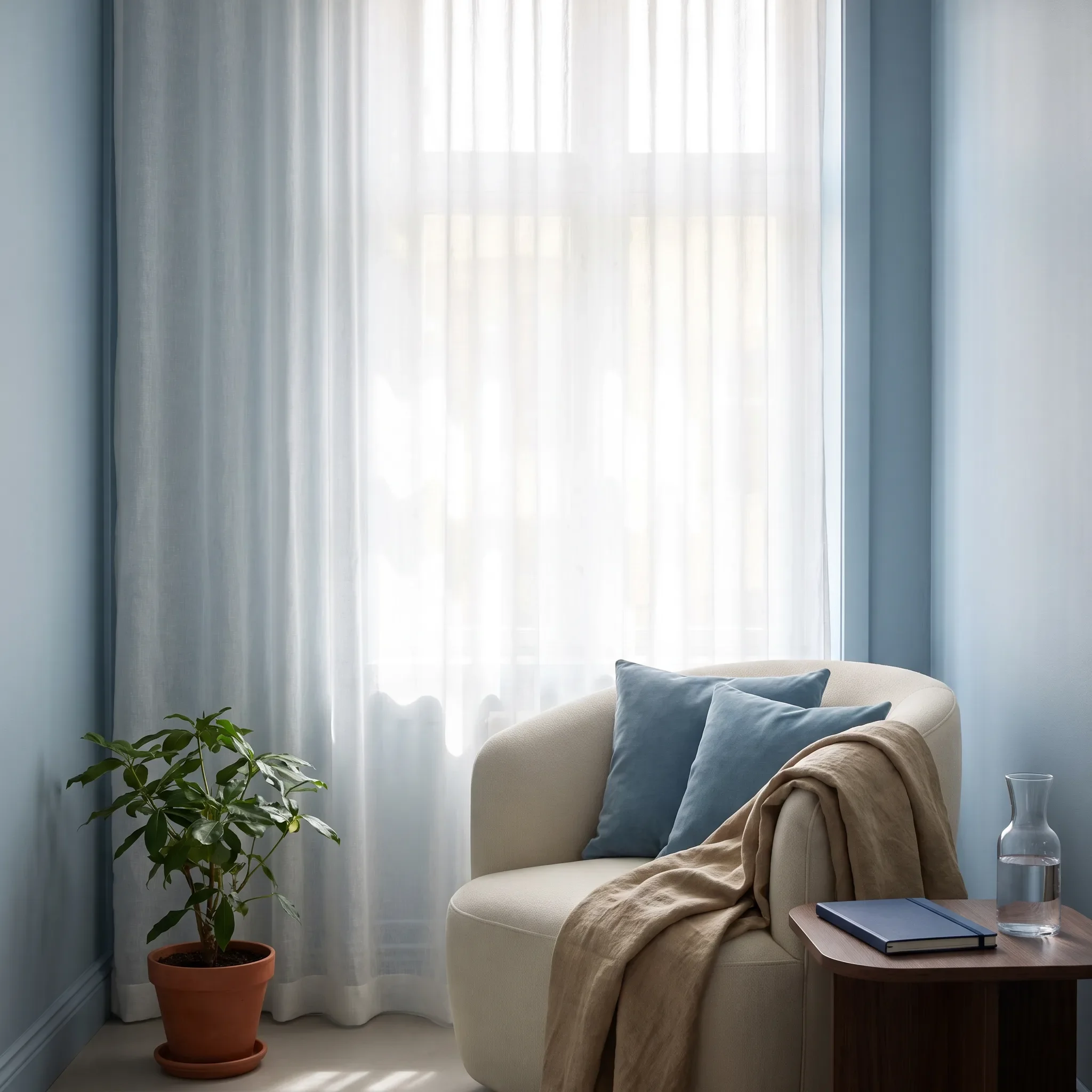 A cream armchair with two blue cushions and a linen throw beside a tall sheer-curtained window, with a potted plant, and a navy notebook and glass carafe on a wooden side table.