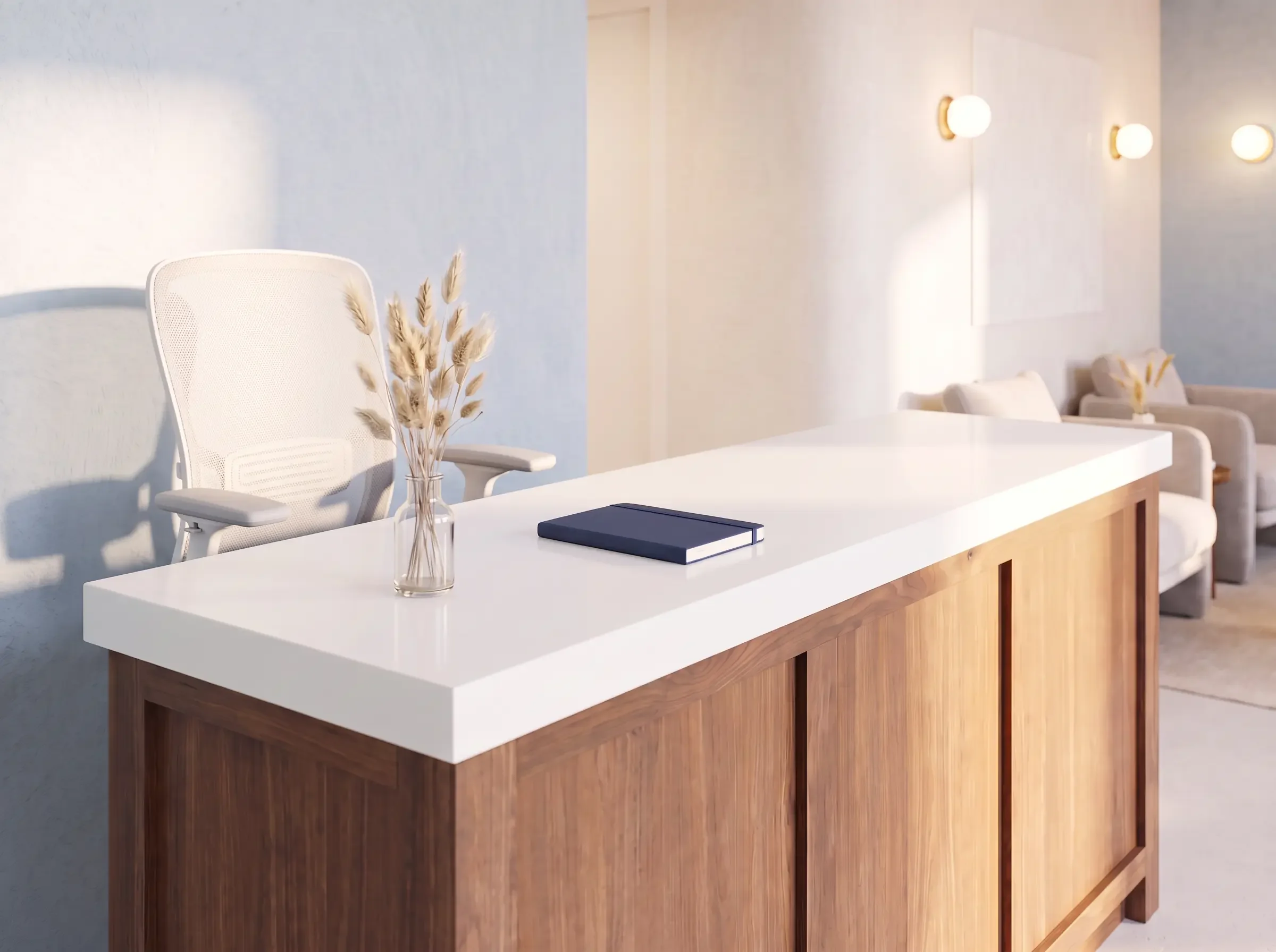Concierge medicine reception desk with walnut cabinet and white countertop, representing care options in Cincinnati