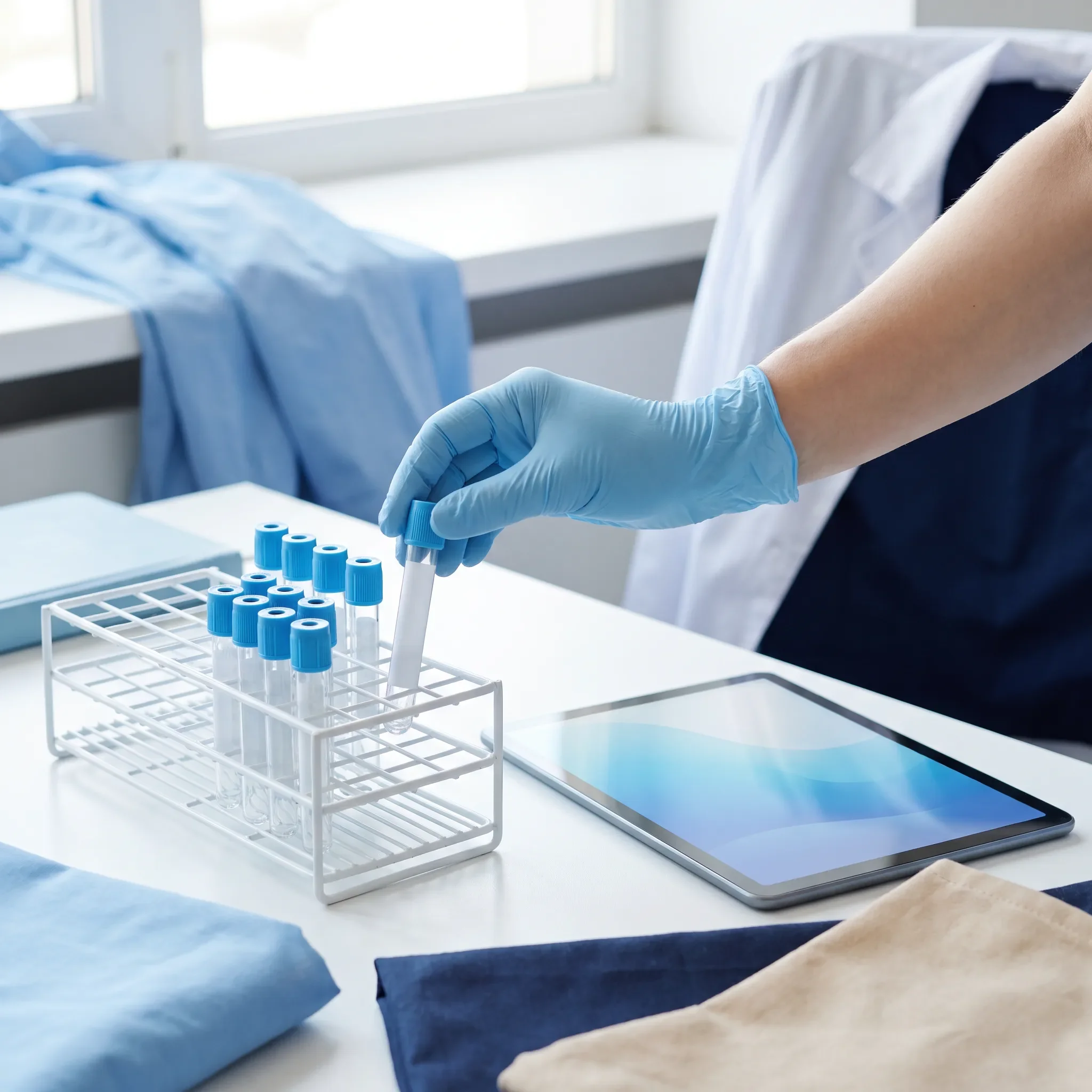 A gloved hand placing a blue-capped sample tube into a white rack of tubes on a white lab counter, with a tablet and folded navy and blue linens nearby.