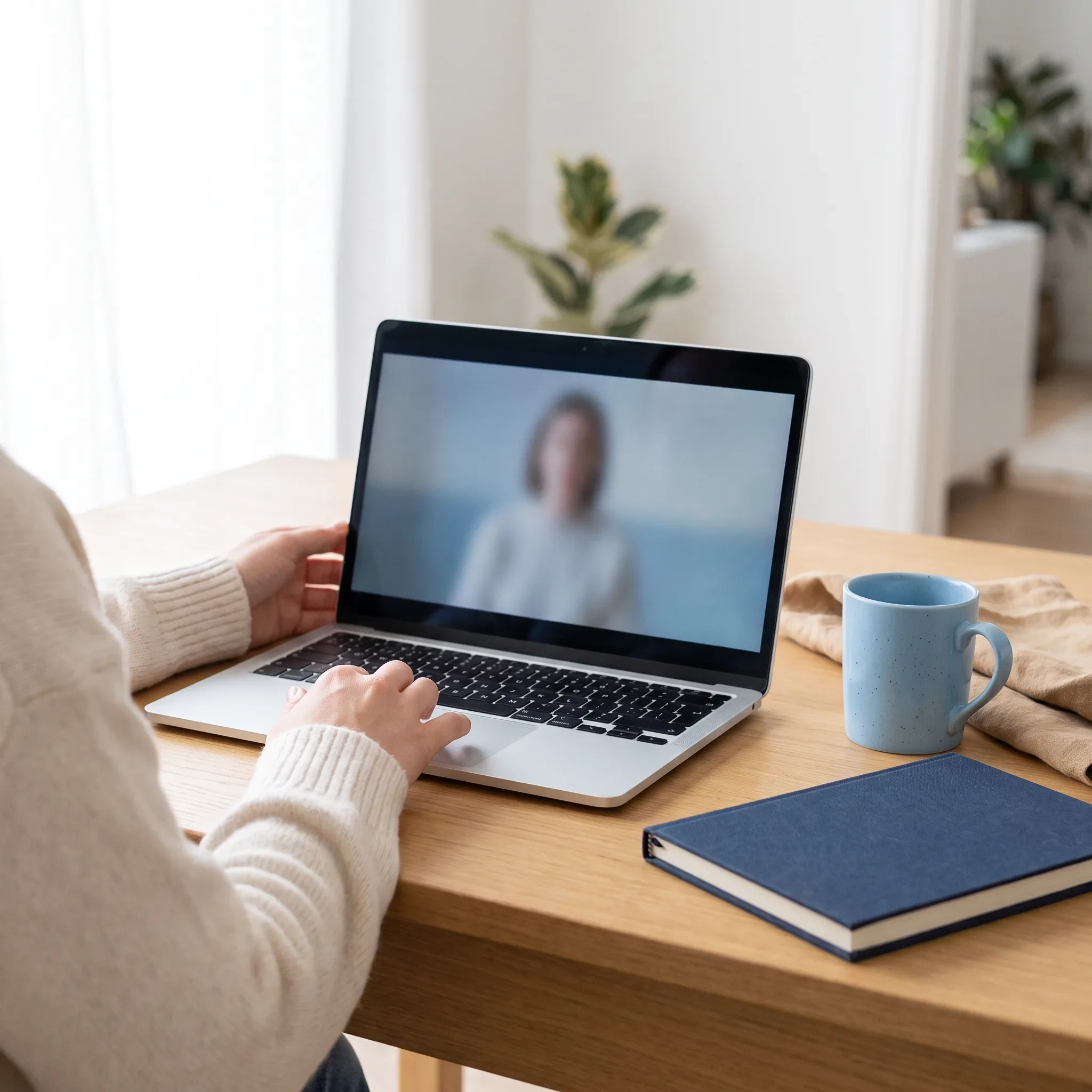 A patient in a cream knit sweater at a wooden table using a laptop for a video visit with a blurred clinician on screen, with a blue speckled mug and a navy notebook beside it.
