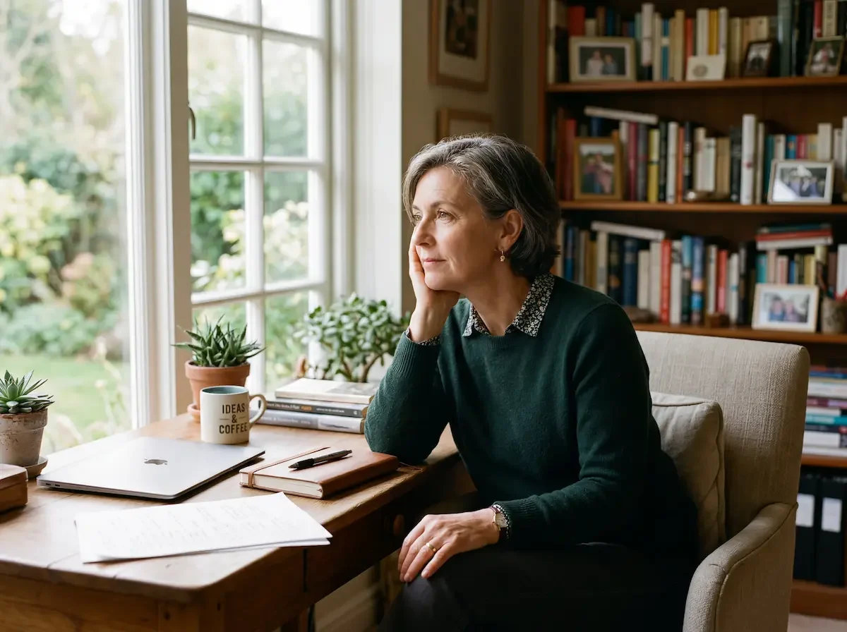 Woman in her early 50s pausing at her desk — midlife women's health and preventive care at Concierge Medicine of Cincinnati