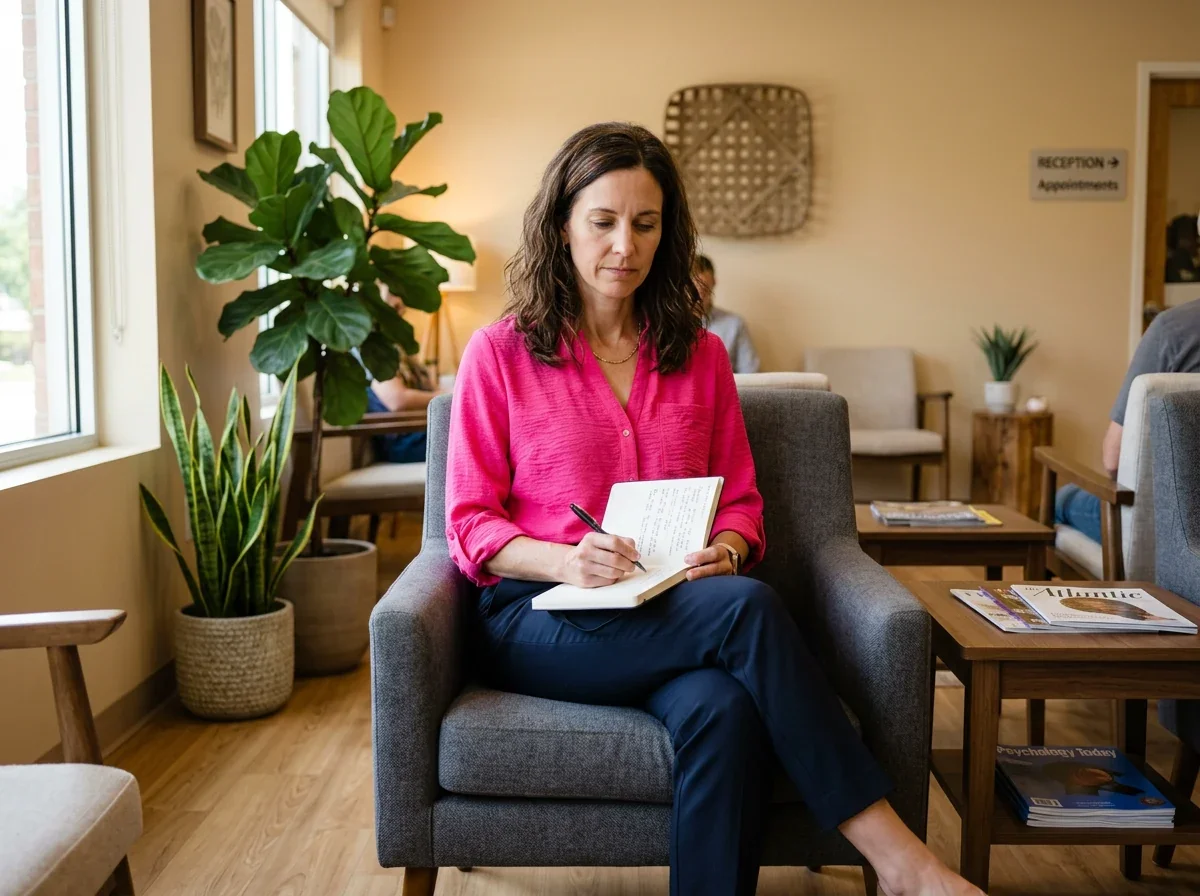 Woman sitting in a medical waiting room with a notebook, representing the preparation midlife women bring to appointments that still leave their questions unanswered