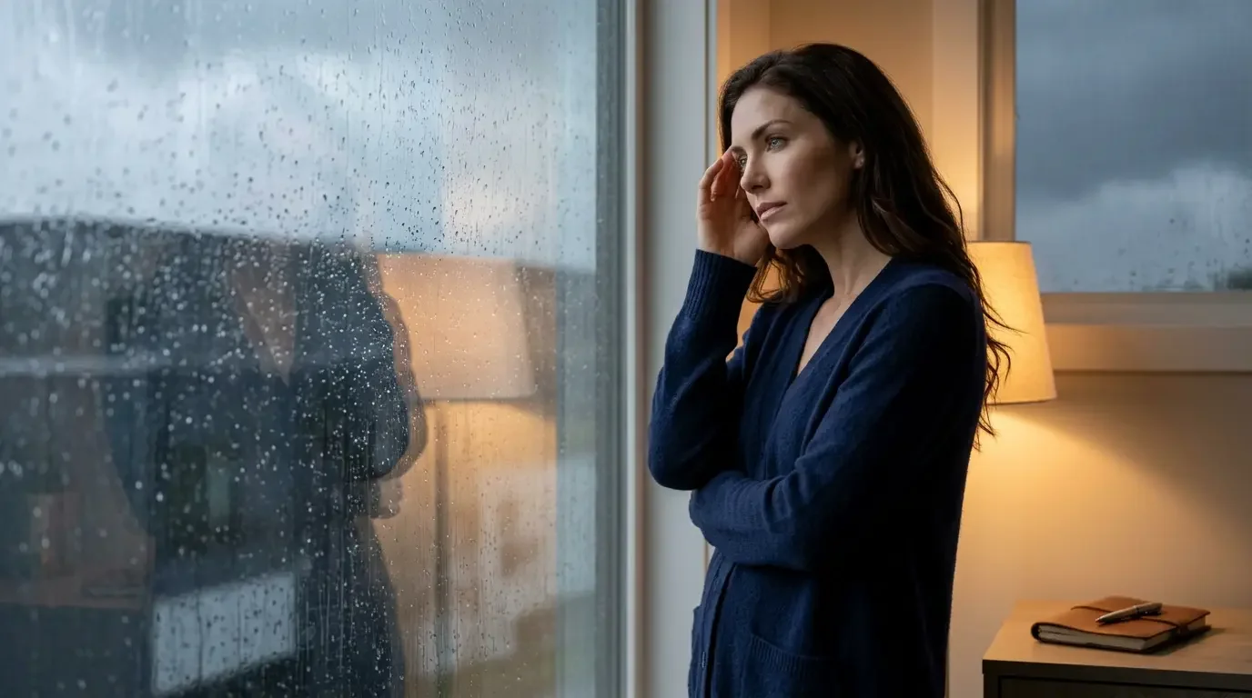 Woman experiencing a weather-related pain flare during a Cincinnati fall front