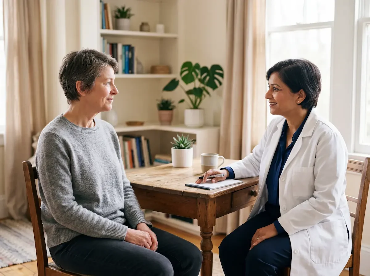 Woman in her early 50s in a relaxed clinical consultation — concierge primary care for women at Concierge Medicine of Cincinnati