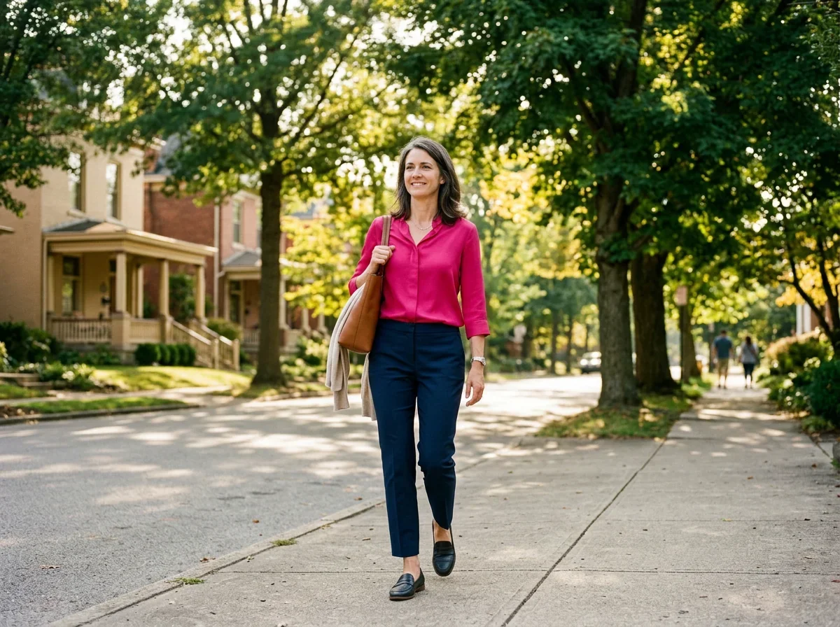 Confident woman in her mid-40s walking outdoors in Cincinnati, representing midlife women seeking personalized menopause care at Concierge Medicine of Cincinnati