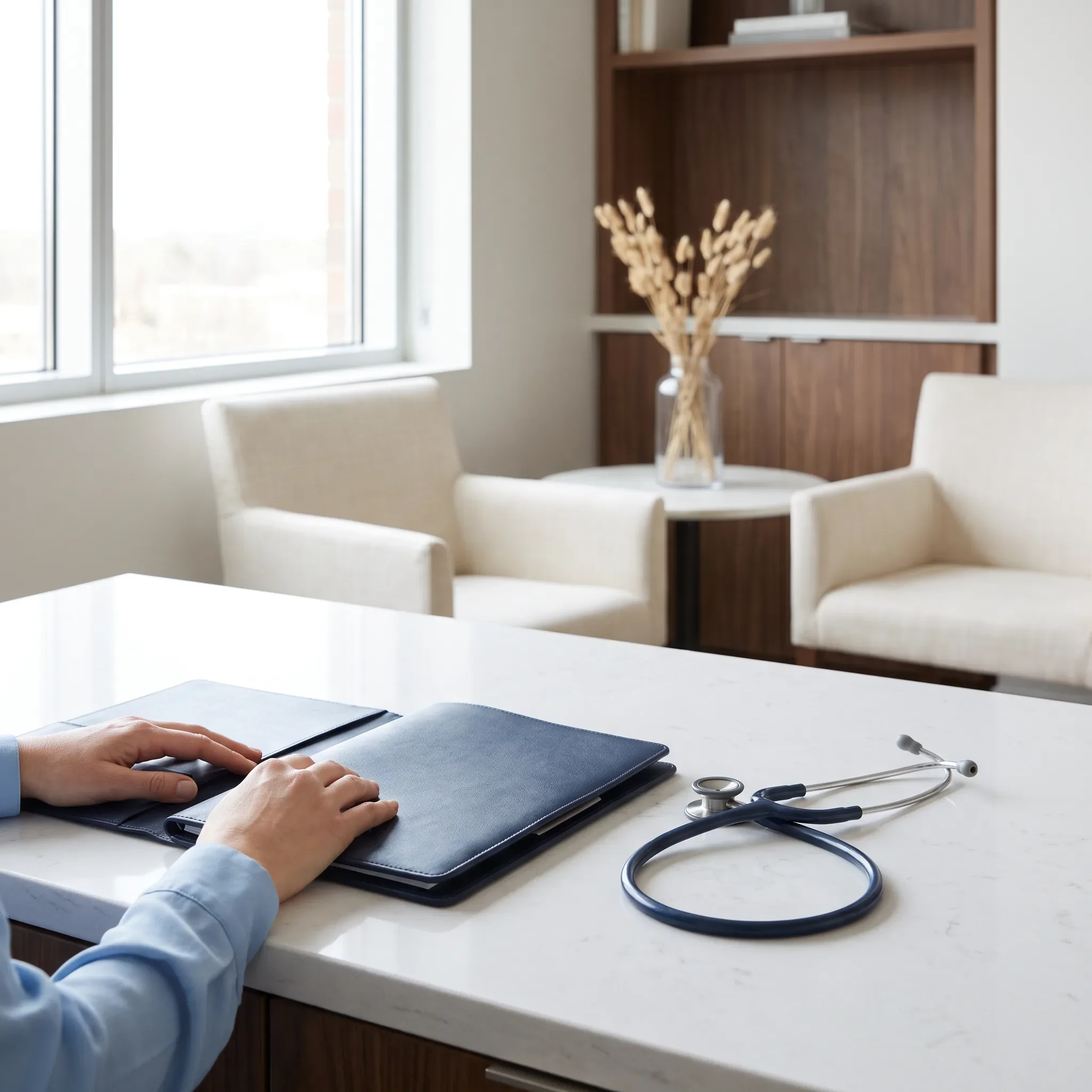 Front desk with a white stone countertop, a navy leather folio under a clinician's hands, and a navy stethoscope, with cream armchairs and walnut shelving in the waiting area behind.