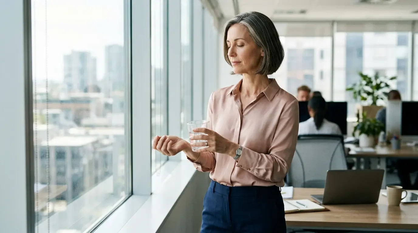 Woman managing a hot flash symptom during her workday at the office