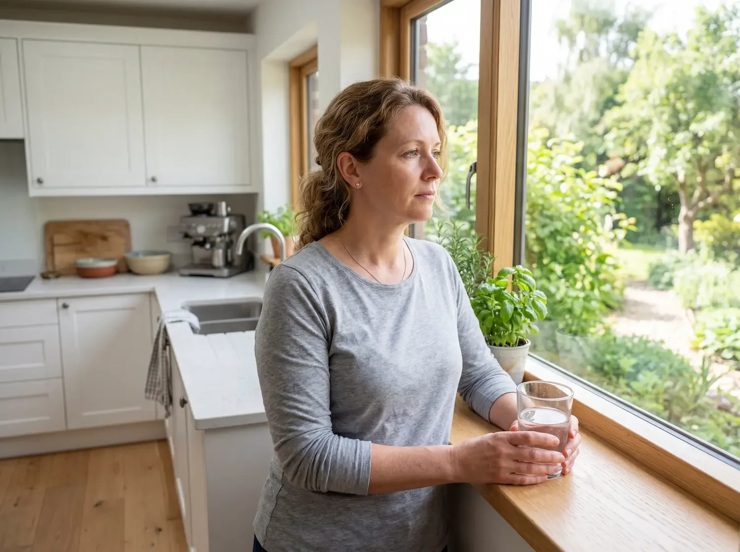 Woman in her mid-40s at a bright kitchen window, reflecting on unresolved health symptoms — early care for women at Concierge Medicine of Cincinnati