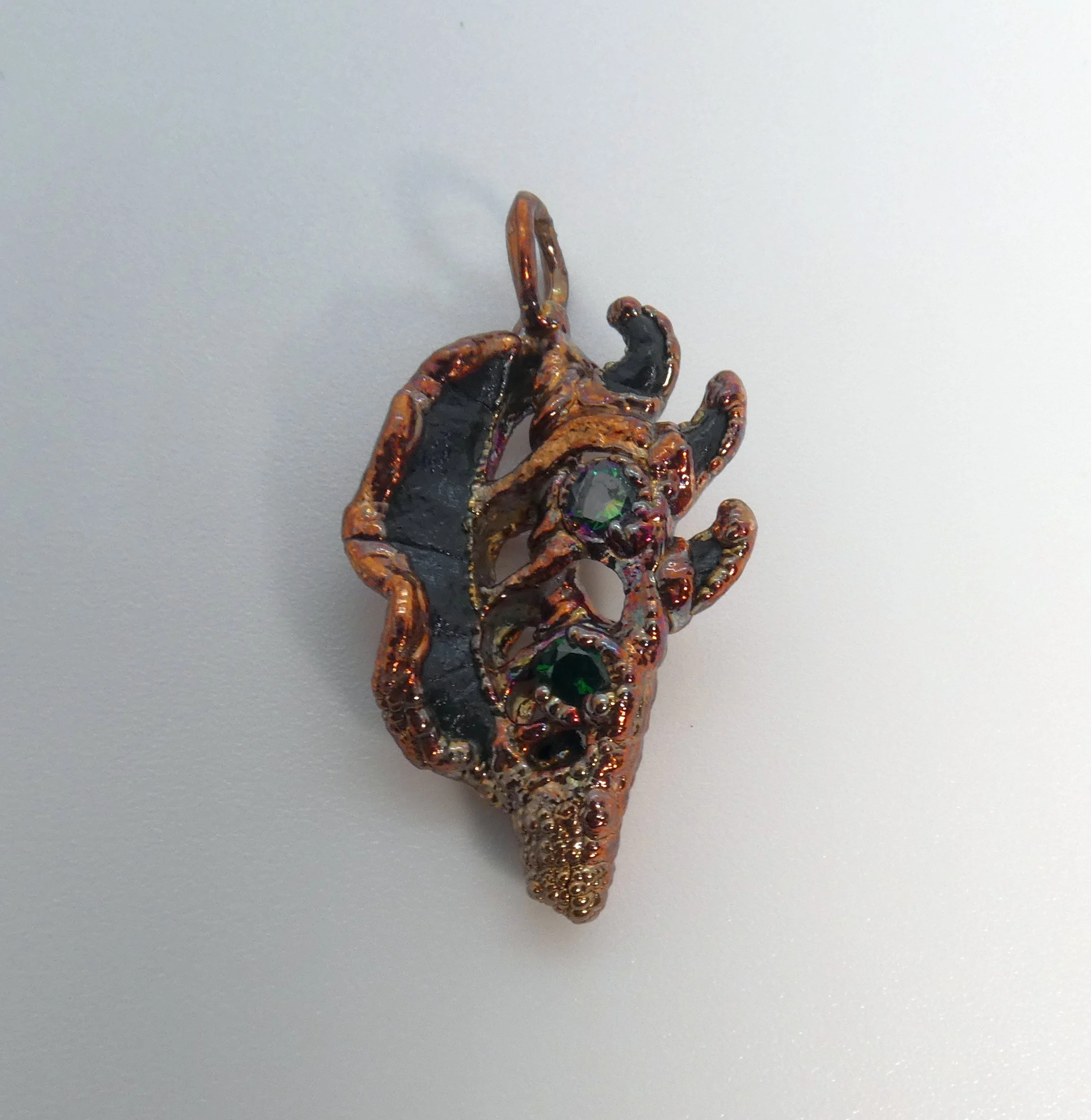 Symbiont 012 (Pendant): seashell slice, aura rhinestones, epoxy clay, electroformed in copper. 1.25” H x .75” W. In private collection.