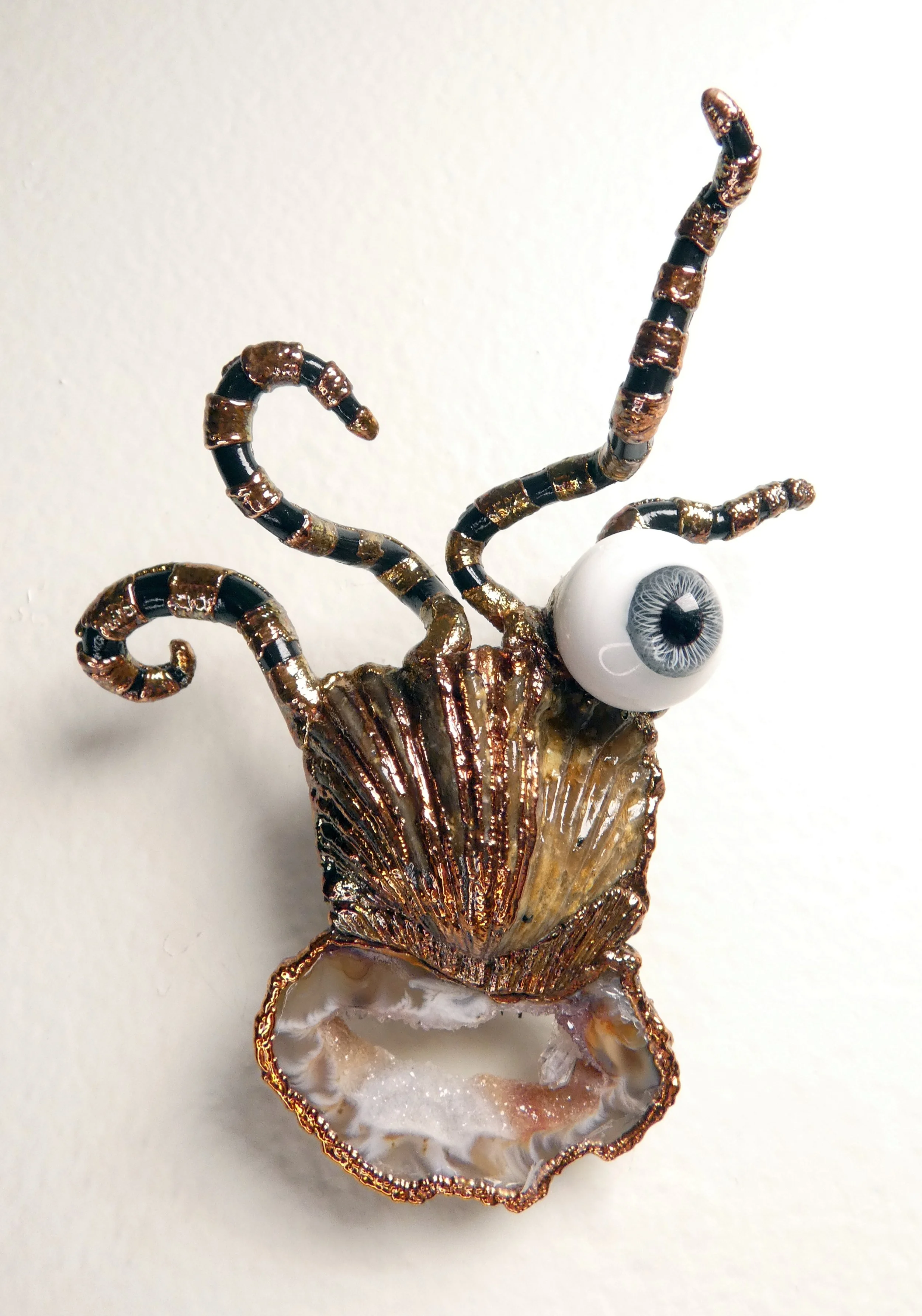 Symbiont 053 (Wall sculpture): Brachiopod fossil (KY, USA), vintage Lauscha glass doll eye, Occo agate slice, epoxy clay, electroformed copper. 4" H x 3" W x 1” D. In private collection.