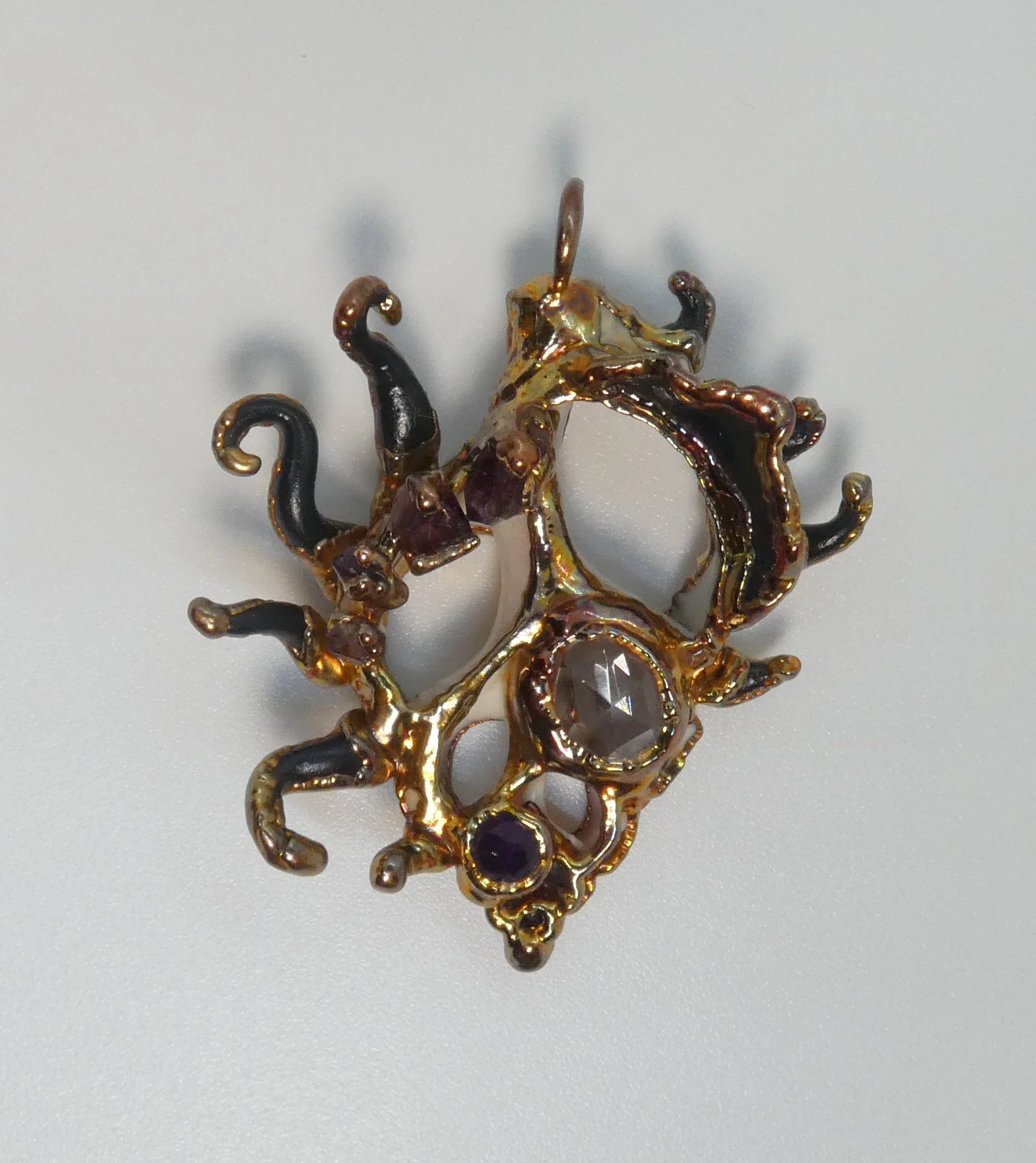 Symbiont 029 (Pendant): seashell slice, faceted quartz, amethyst crystals, epoxy clay, electroformed in copper. 3” H x 2.5” W. Donation - Christkindl Markt Silent Auction, Canton Museum of Art, 2024