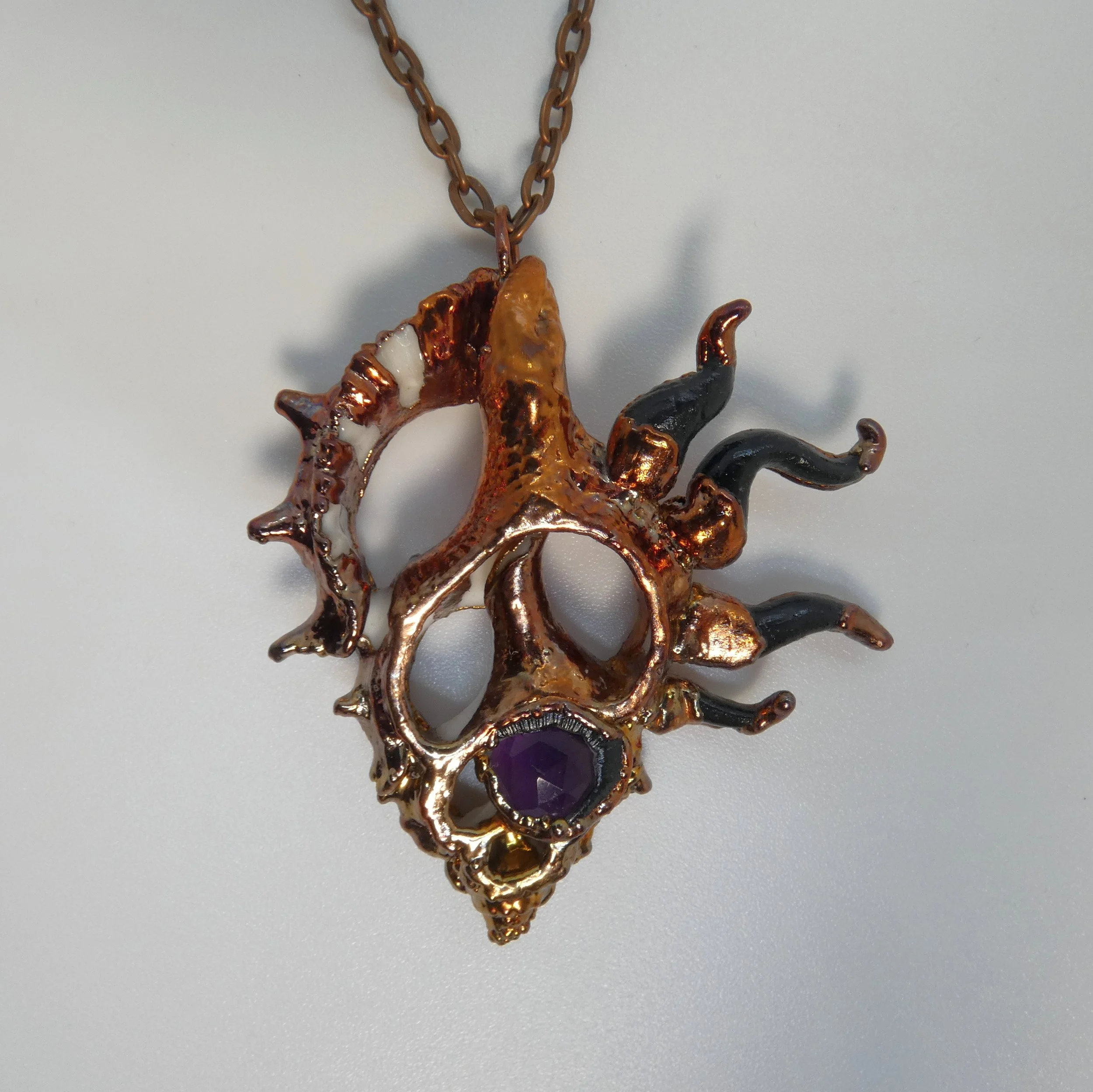 Symbiont 008 (Pendant): seashell slice, faceted amethyst, epoxy clay, electroformed in copper. 2.5 H x 2.25 W. Available $250.