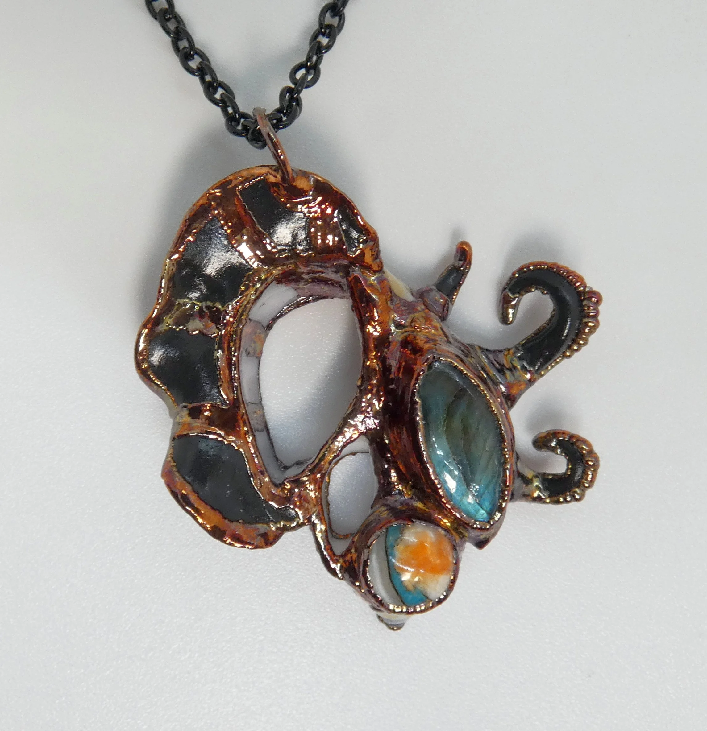 Symbiont 044 (Pendant): seashell slice, Kingman turquoise/spiny oyster, labradorite, epoxy clay, electroformed copper. 2.25" H x 1.5" W. Available $225.