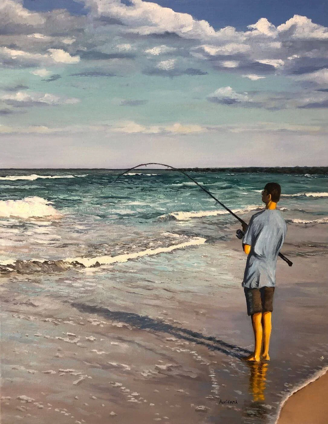 man fisherman by ocean oil painting
