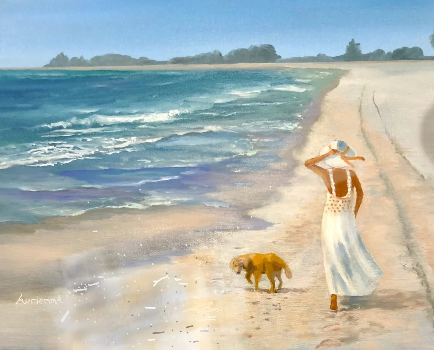 woman walking with dog on Florida beach oil painting