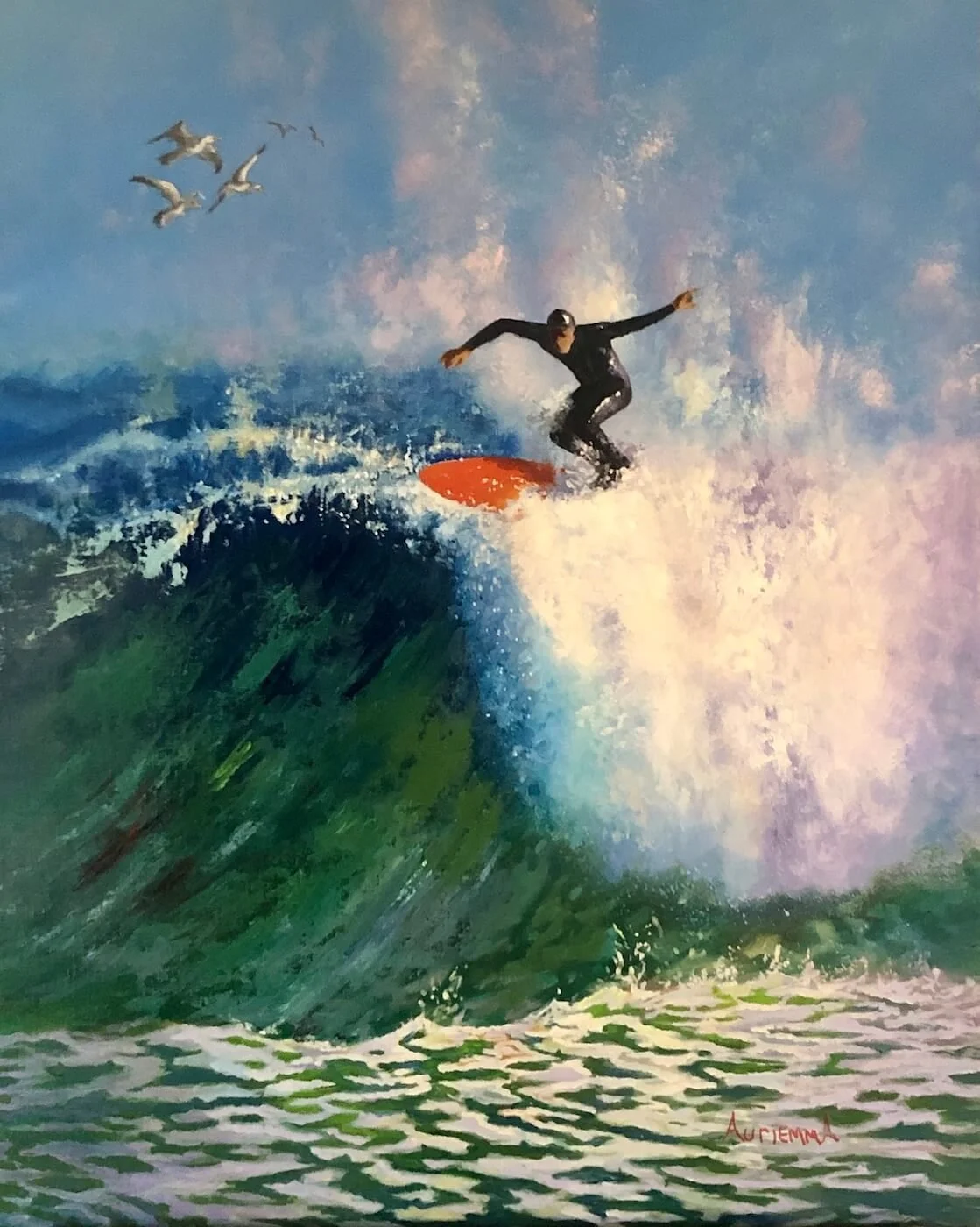 surfer surfing wave oil painting