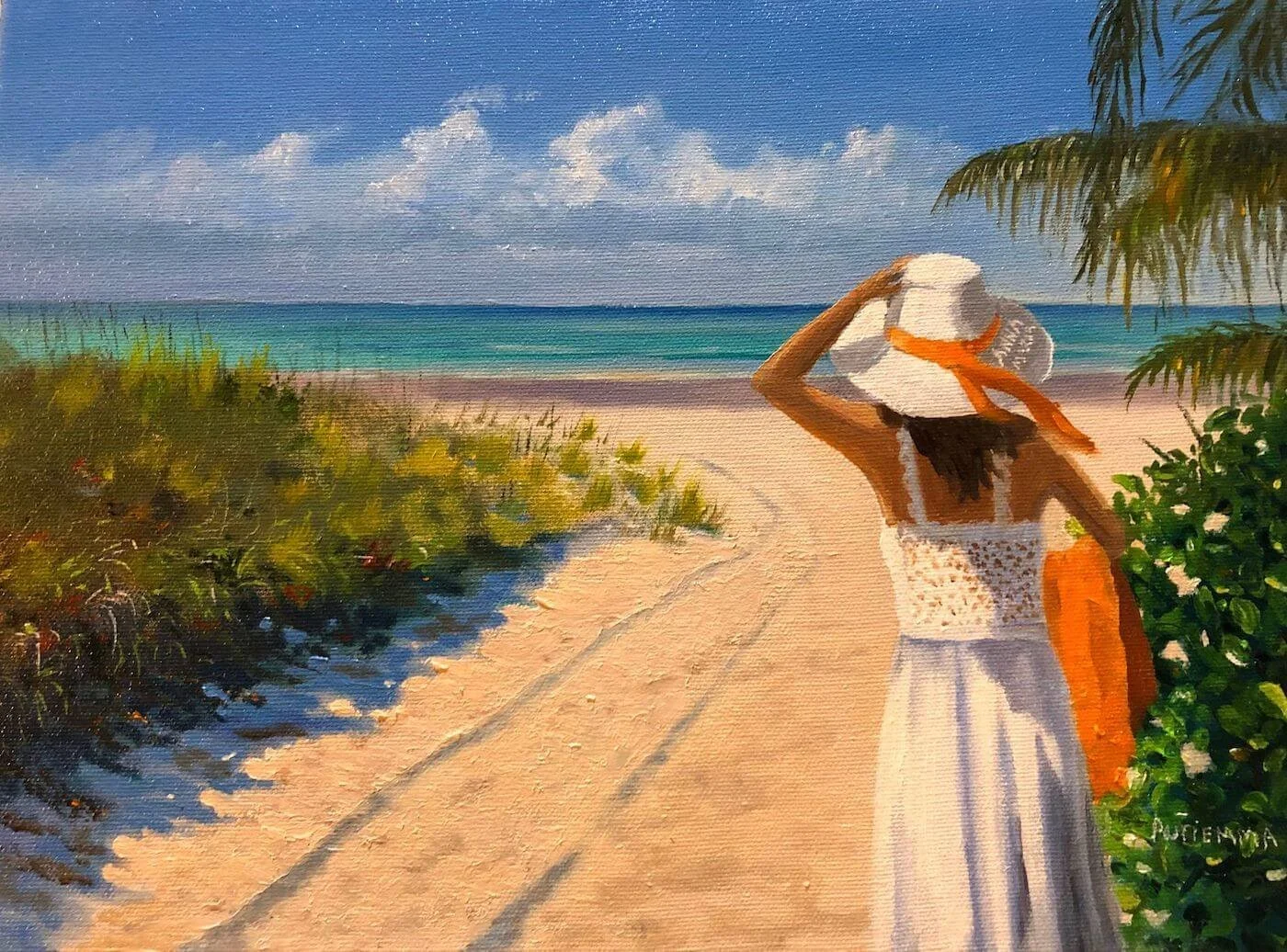 female portrait wearing white beach hat beach oil painting