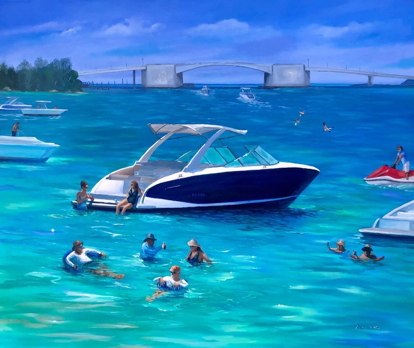Johnspass speedboat in ocean original oil painting