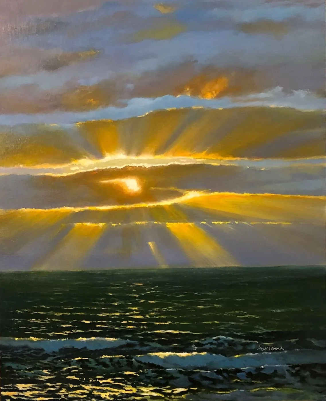 Sunset setting ocean oil painting