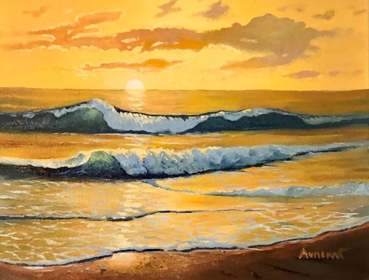 golden yellow sunset waves at beach oil painting