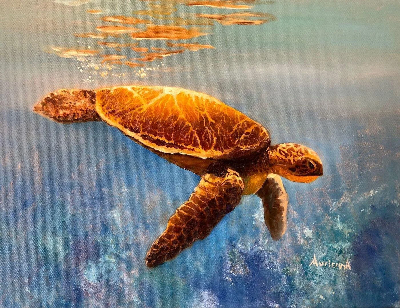 sea turtle swimming in ocean oil painting