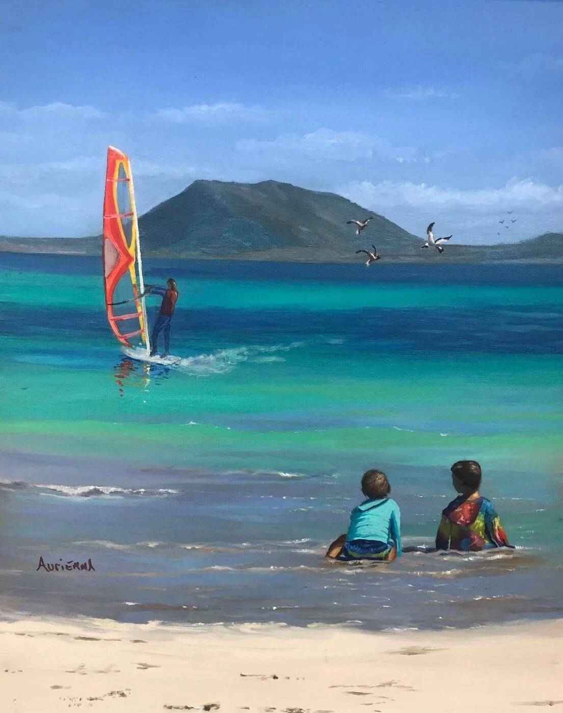 kids on beach kitesurfer oil painting