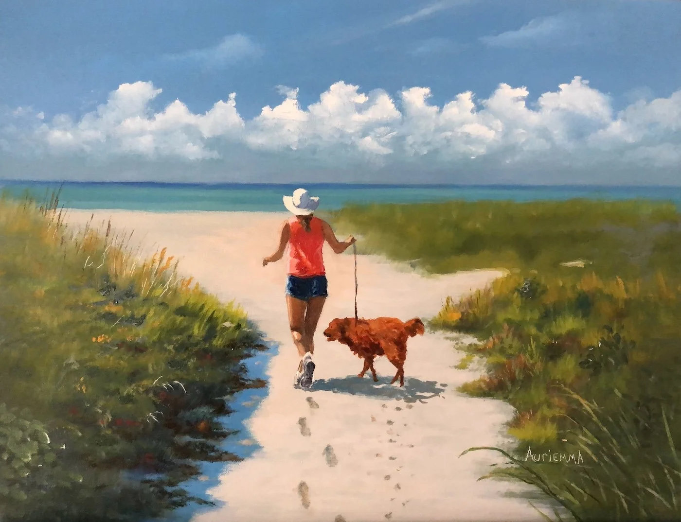 woman walking on beach with dog oil painting
