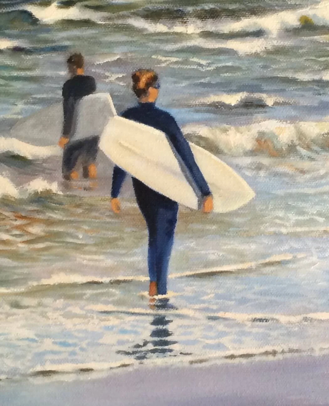 female surfer carrying surfboard on beach oil painting