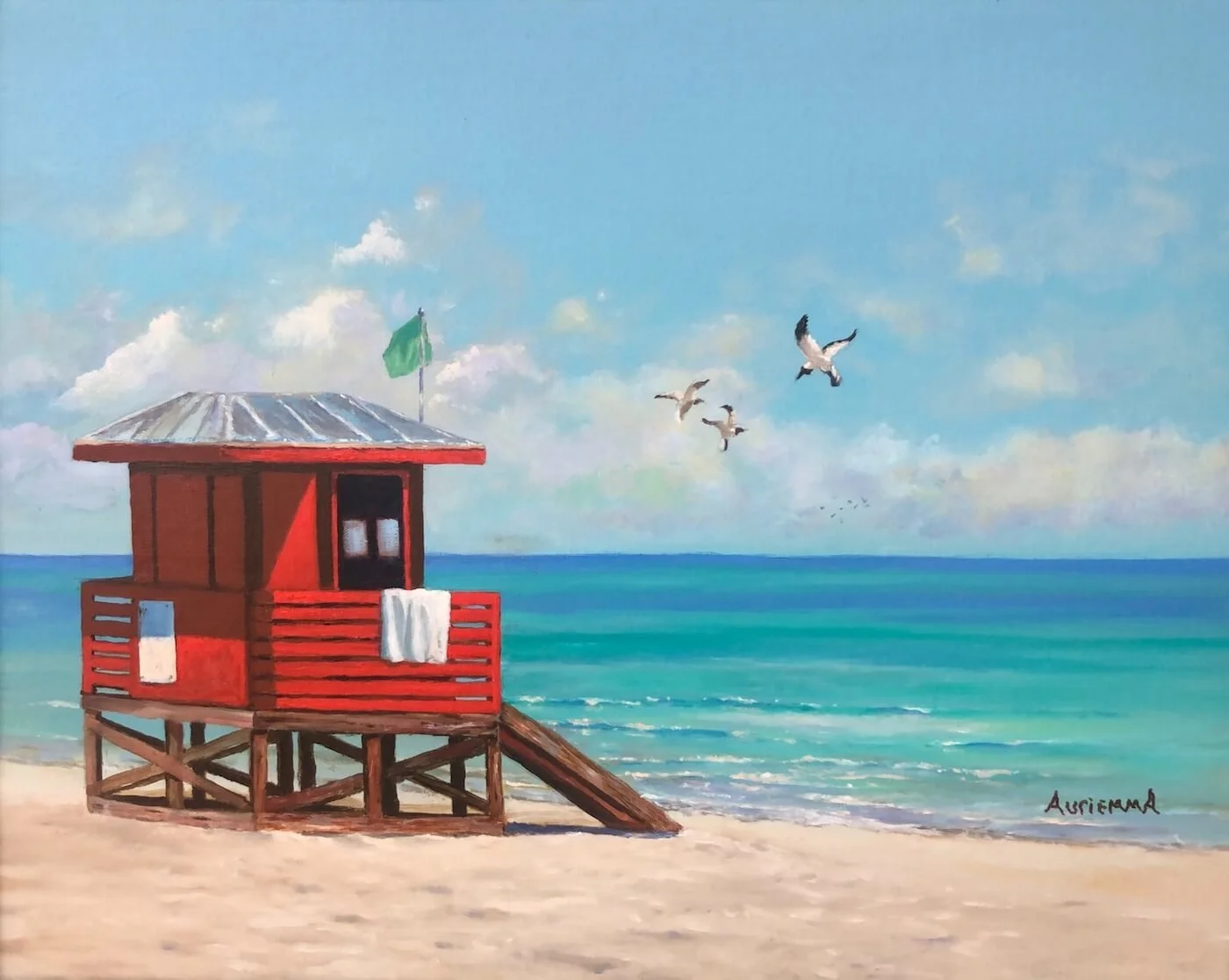 red lifeguard stand beach oil painting