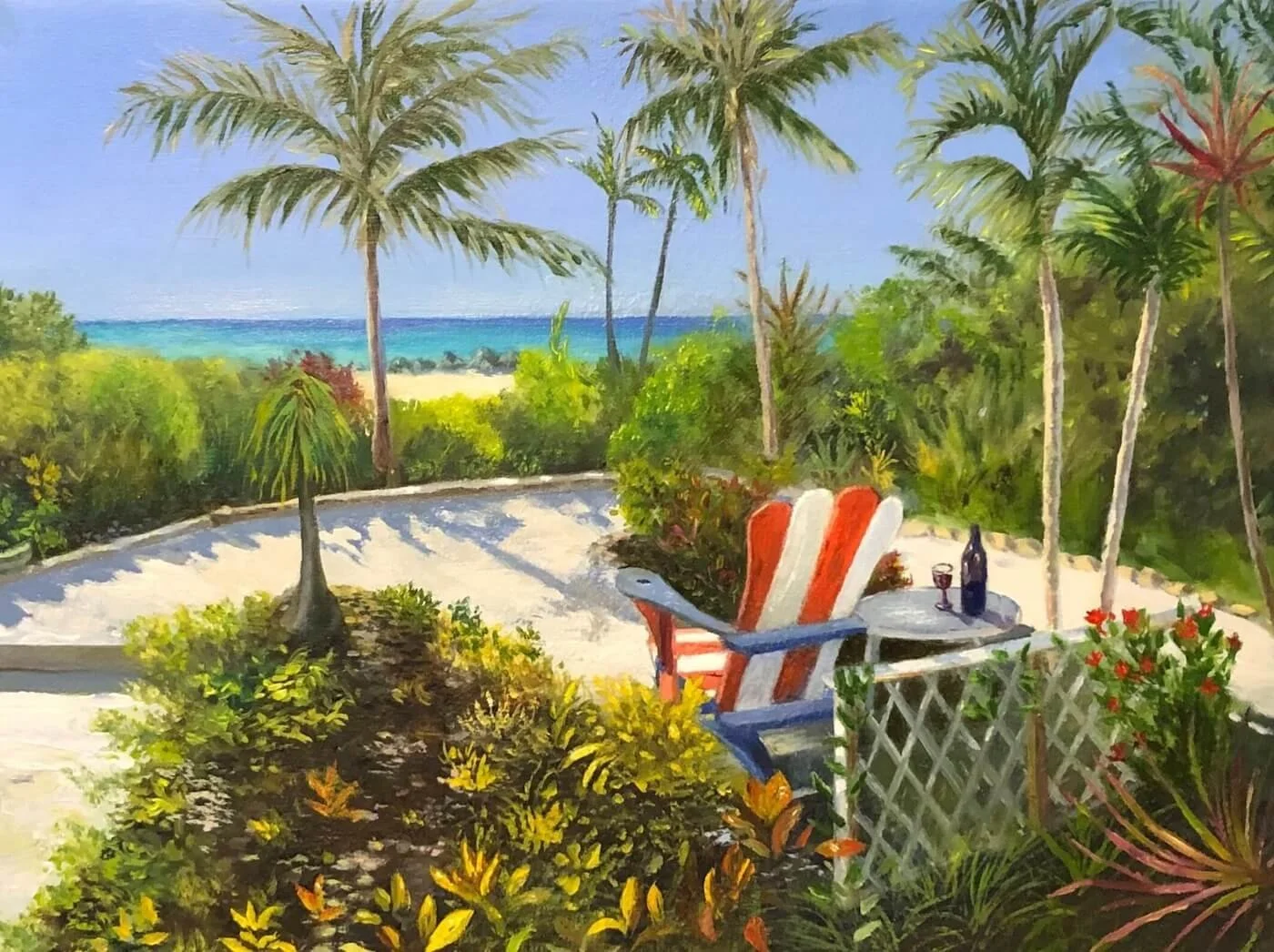 tropical beach with adirondack chairs oil painting