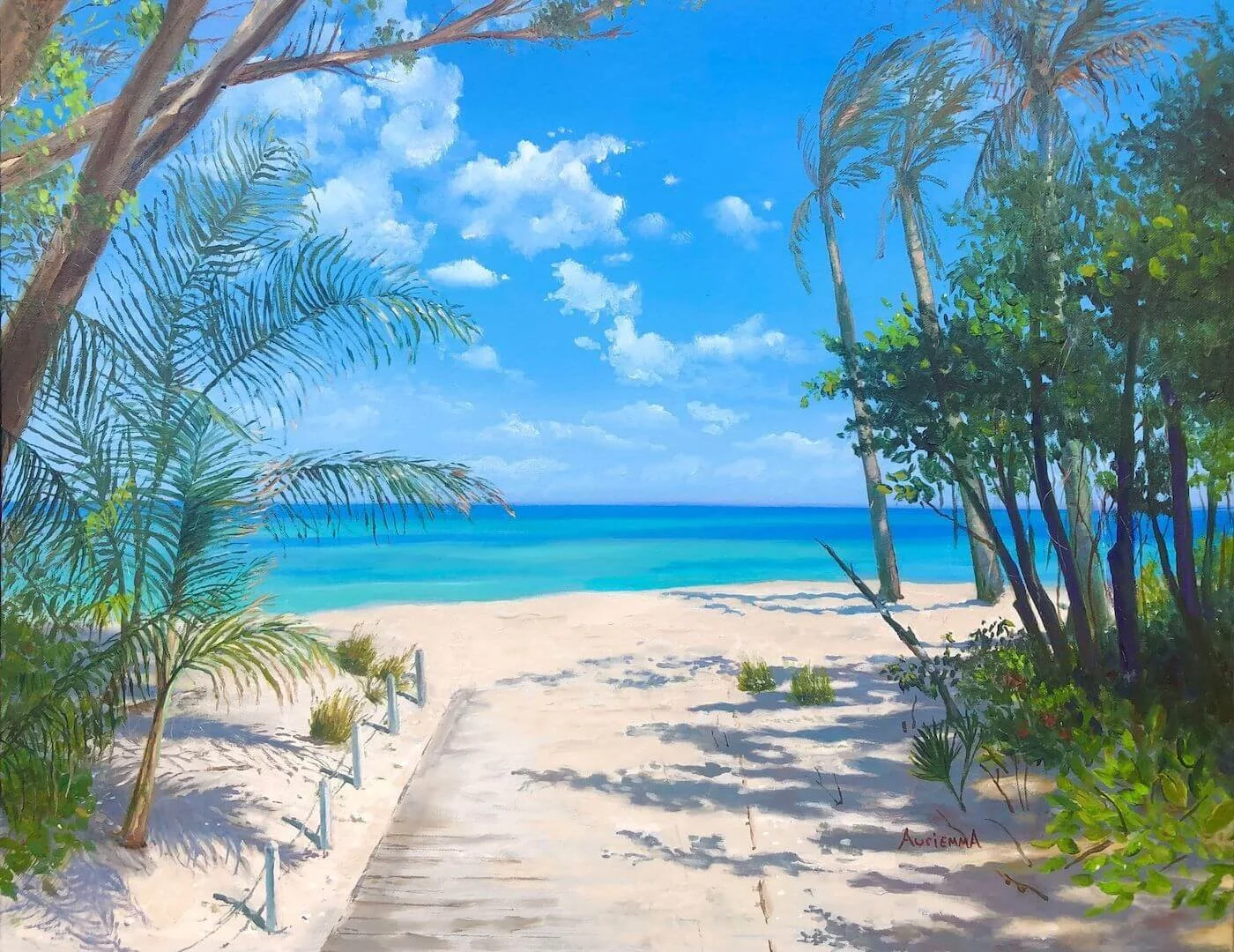 Beach palm trees oil painting