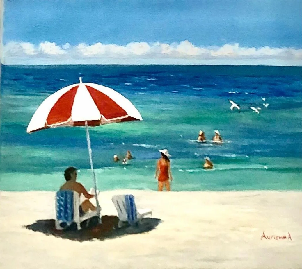 red and white stripped beach umbrella at Florida beach oil painting