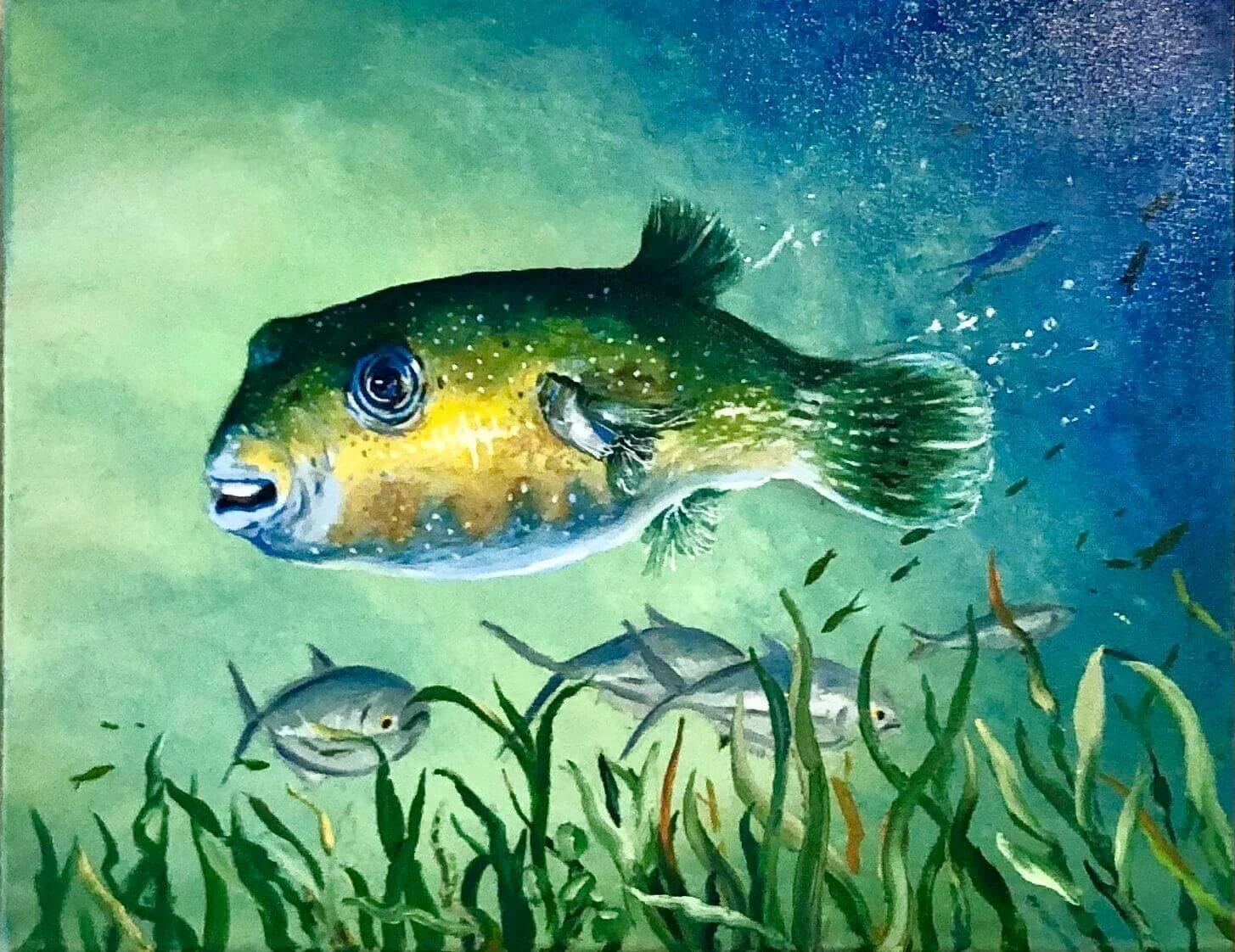colorful puffer fish original oil painting