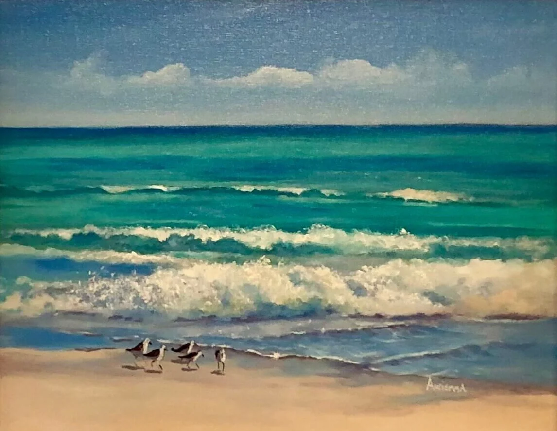sandpipers at beach with waves oil painting