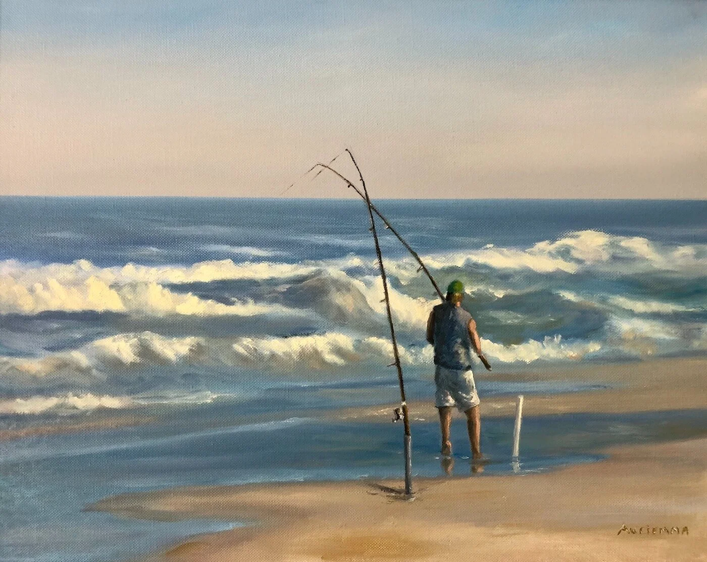 beach waves fisherman oil painting