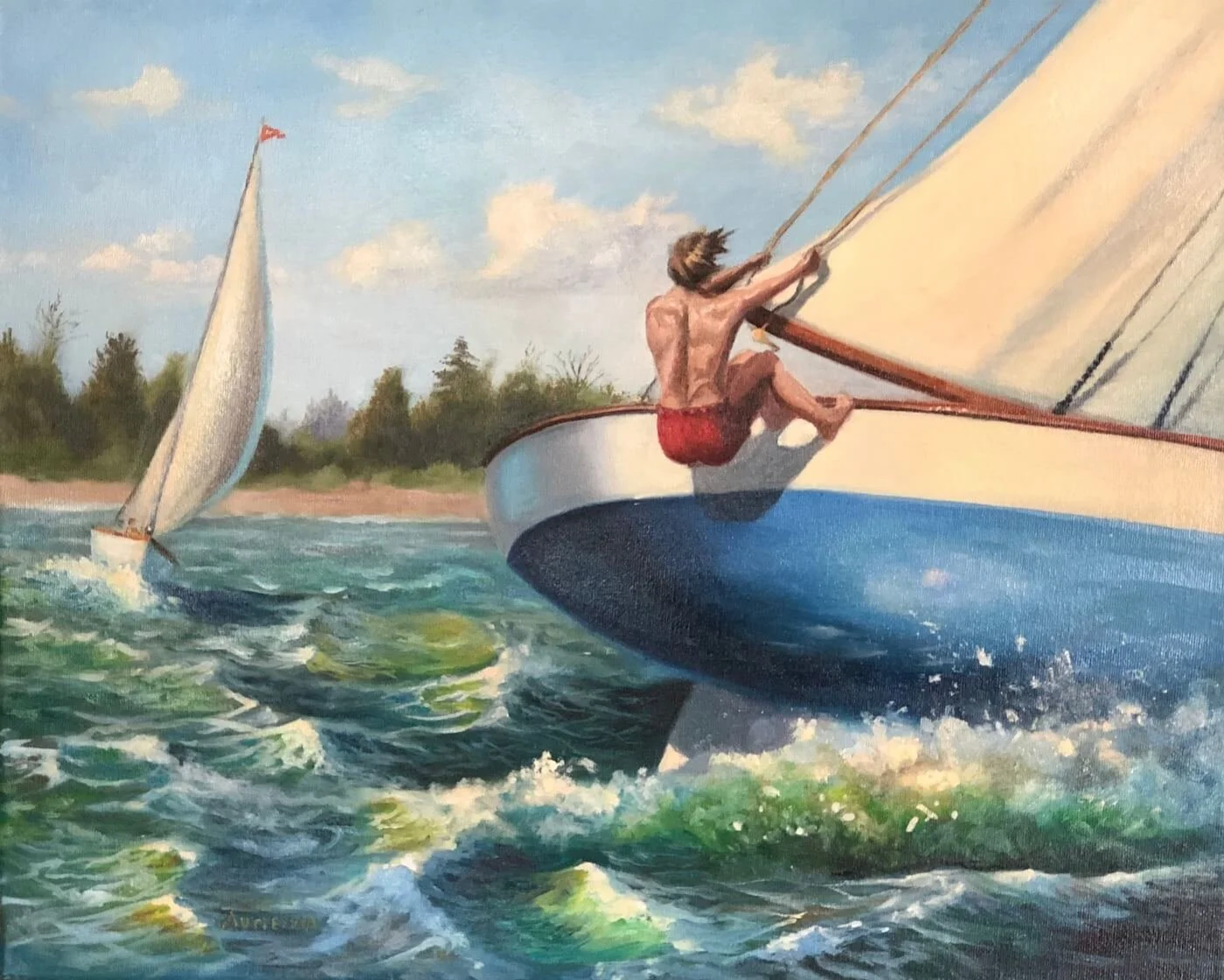 man steering sailboat in ocean oil painting