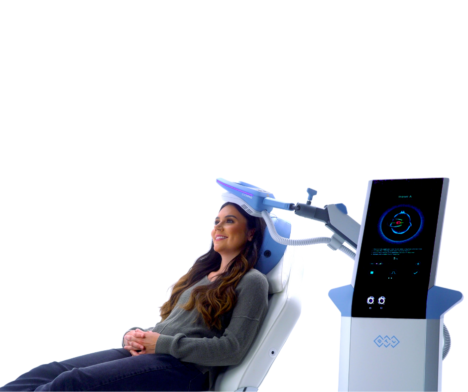 A woman relaxed receiving non invasive, pain free, drug free therapy with Exomind an advance technology  to strengthened the mind and for mental wellness, food noise, anxiety, stress, depression, and brain fog