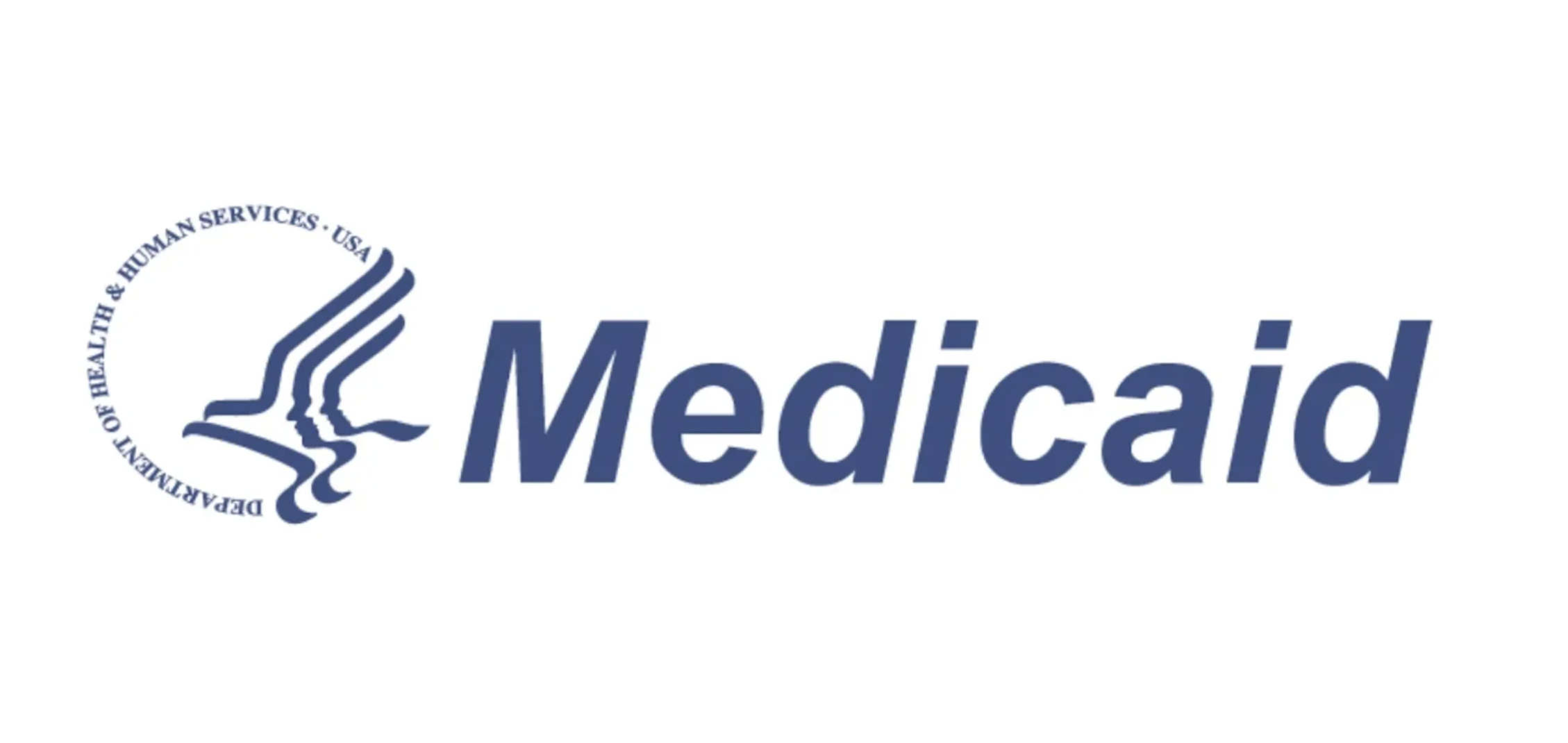 Medicaid logo featuring a stylized outline of three faces in profile, encircled by the text 'DEPARTMENT OF HEALTH & HUMAN SERVICES · USA' to the left of the word 'Medicaid'.