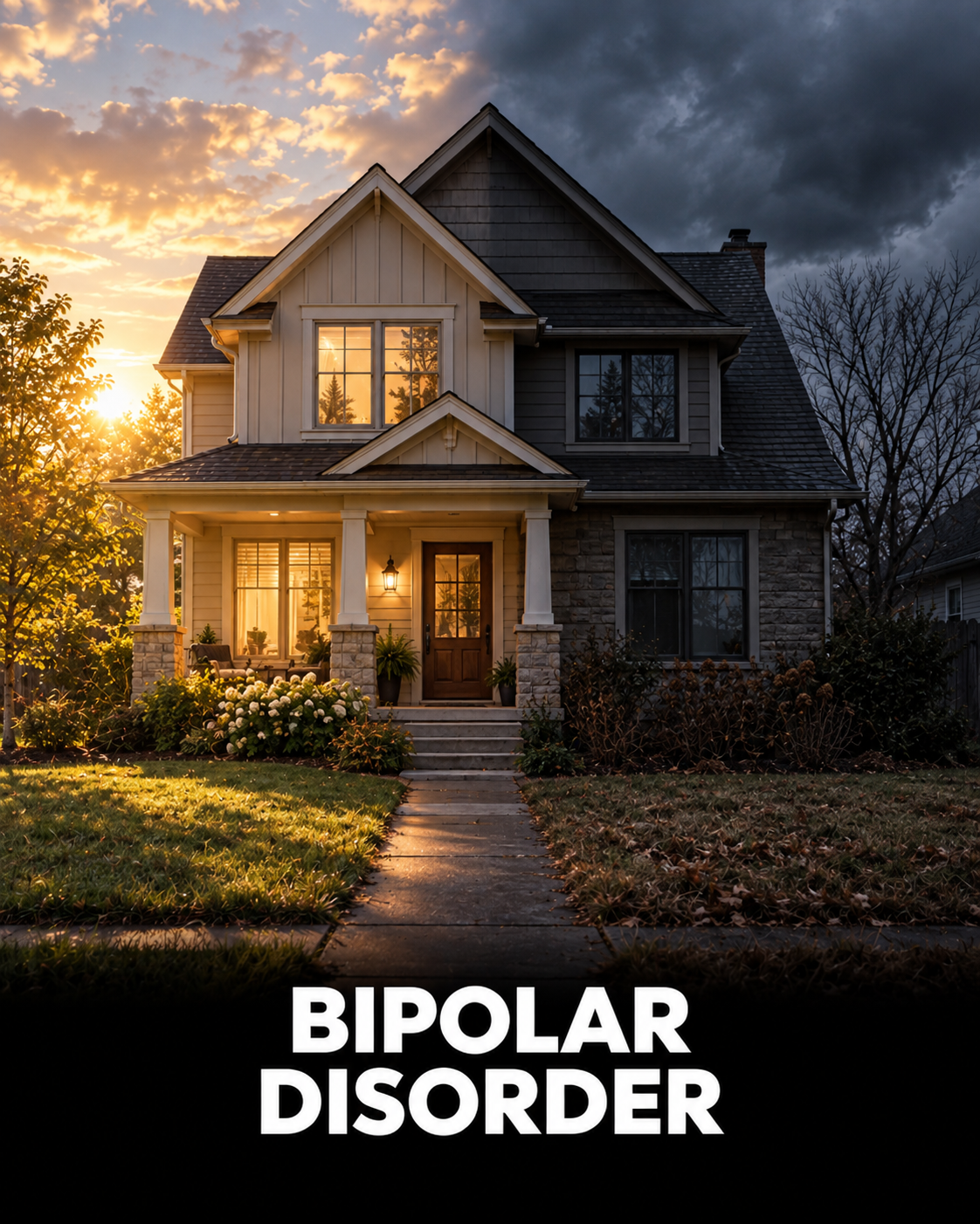 House with contrasting light and darkness representing bipolar disorder and changes in mood.