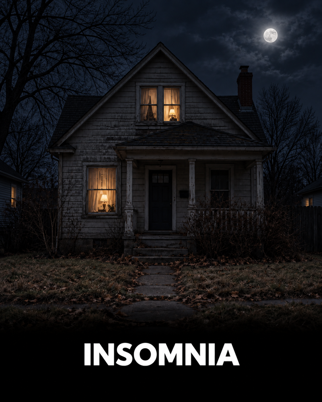 House illuminated at night representing insomnia, sleep difficulty, and mental health.