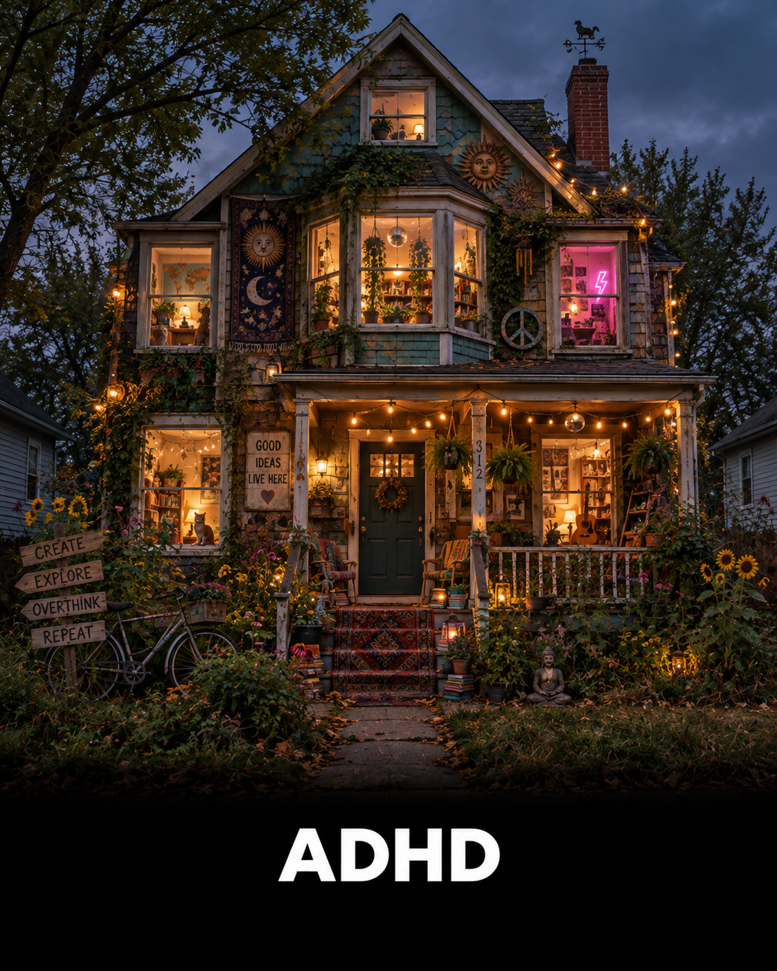Colorful conceptual house representing adult ADHD, mental overload, distraction, and creativity.
