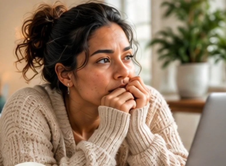 Woman appearing worried while sitting beside a laptop in a bright, comfortable room.