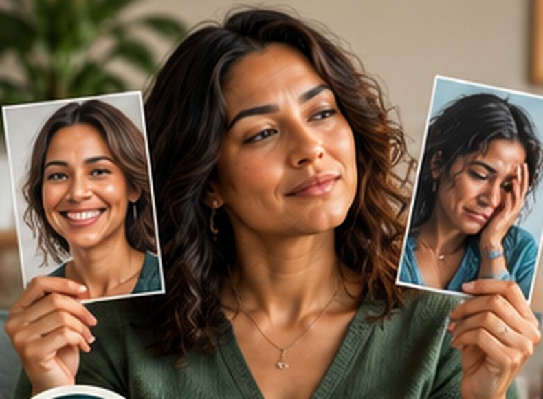 Woman reflecting on different emotions in a warm home environment.