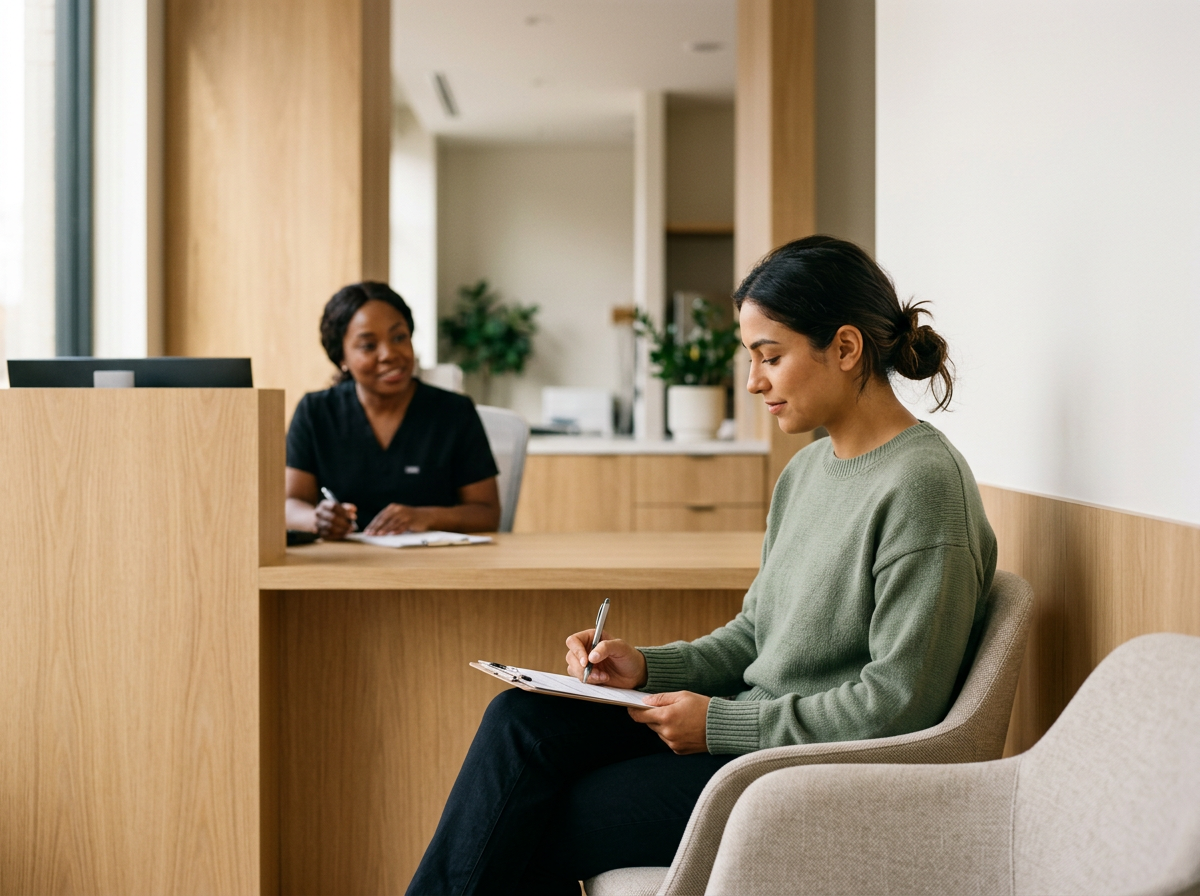 Adult patient completing paperwork while a healthcare professional assists from the office desk.