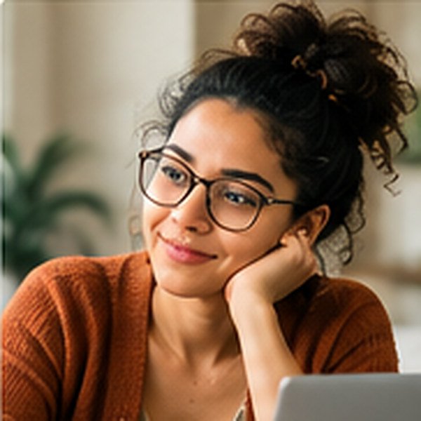 Adult female wearing glasses seated at a desk in a bright room.