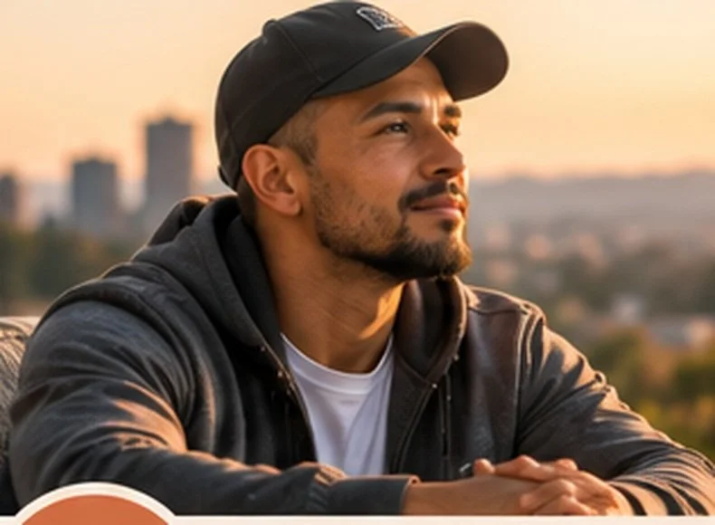 Man looking toward the horizon at sunrise in a peaceful outdoor setting