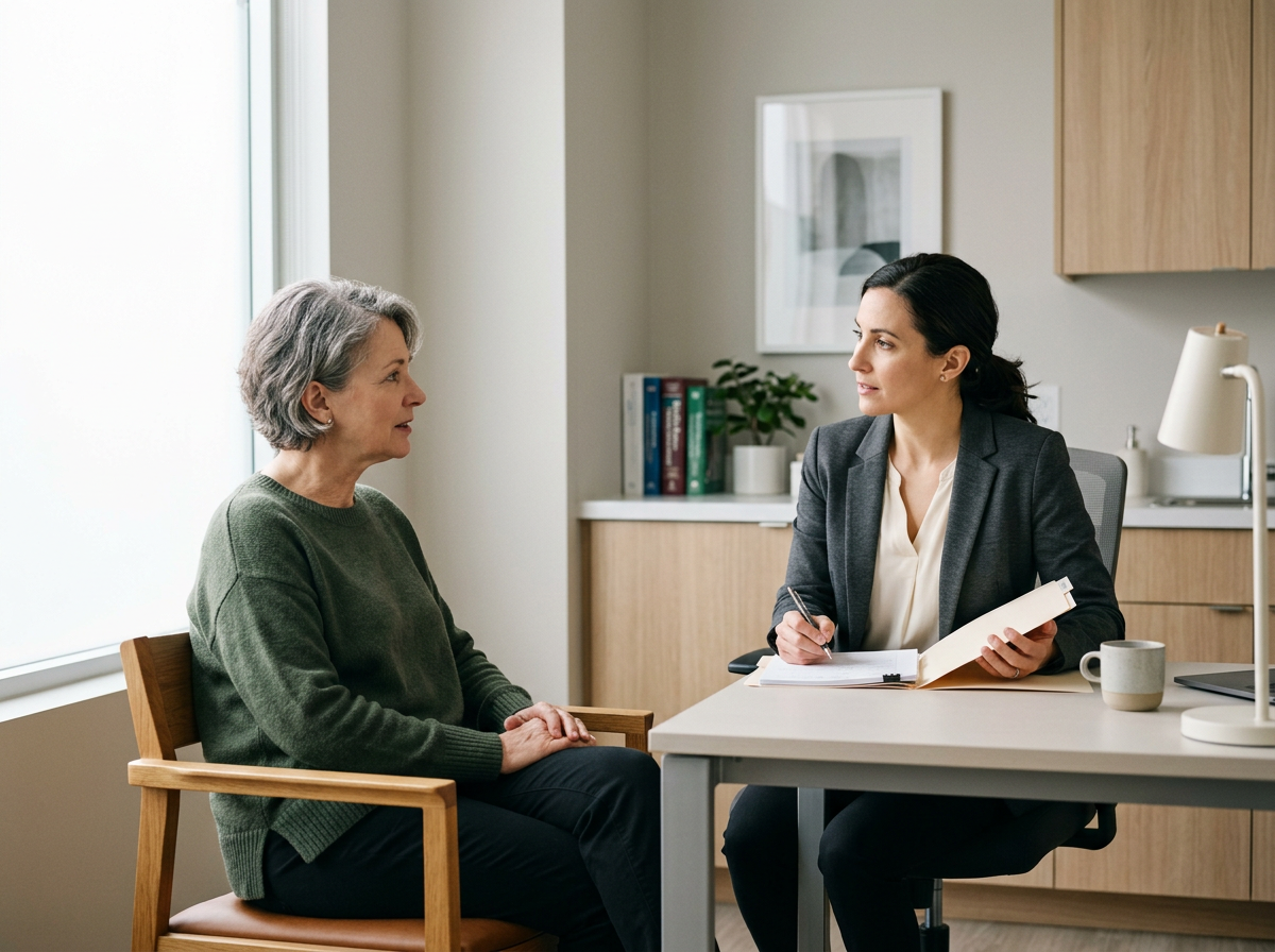 Mental health provider talking with an adult patient during a supportive psychiatric care visit.